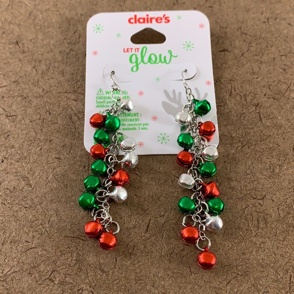 Claire's Women's Red & Green Holiday Let It Glow Mini Bells Dangle Earrings NWT
